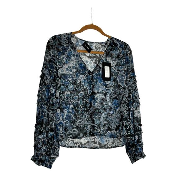 NWT The Kooples 100% Silk Blue Paisley Print V Neck Button Front Blouse Size 2 - Picture 1 of 8